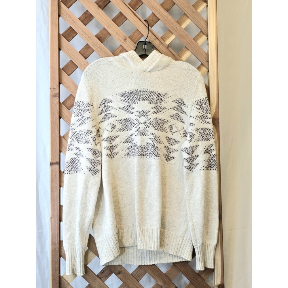 American Eagle Men's Beige Aztec Knit Hooded Sweater - Size S